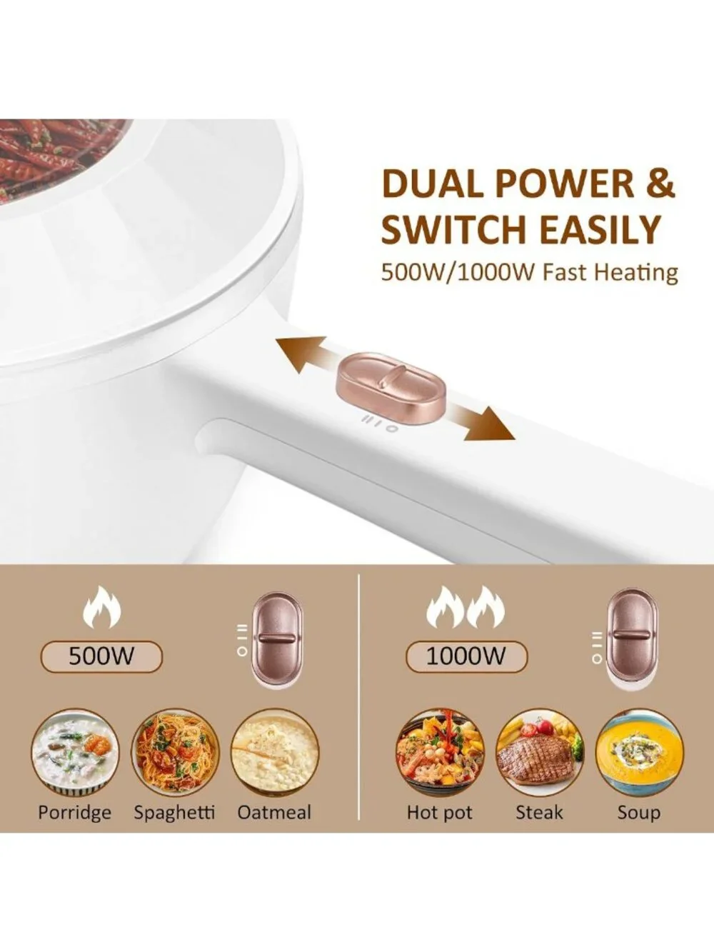 Multifunctional 2L Electric Hot Pot, Non-Stick Cooking Pot for Noodles, Ramen